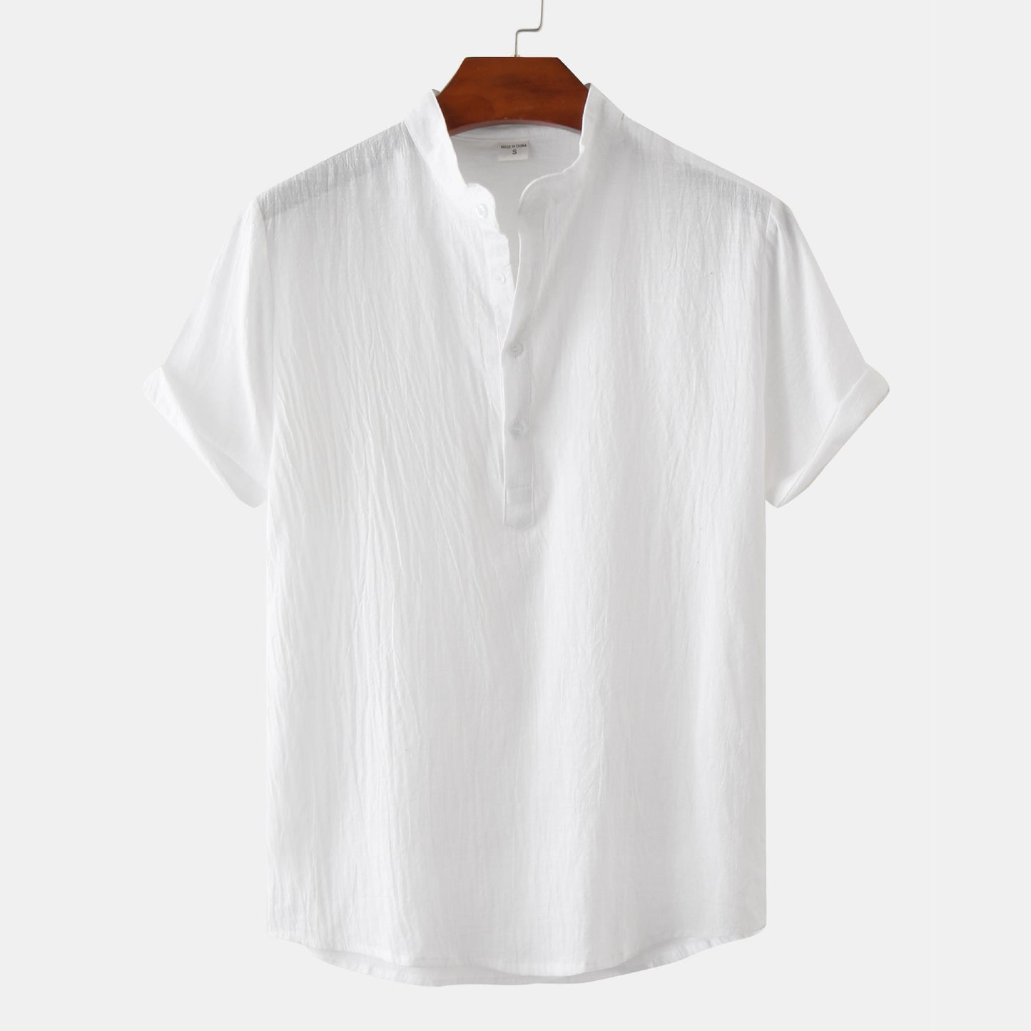 2024 Summer Amazon wish Explosions Cotton and Linen Shirt Men's European and American Cross-border Solid Color Vertical Collar Short-sleeved Shirt Men