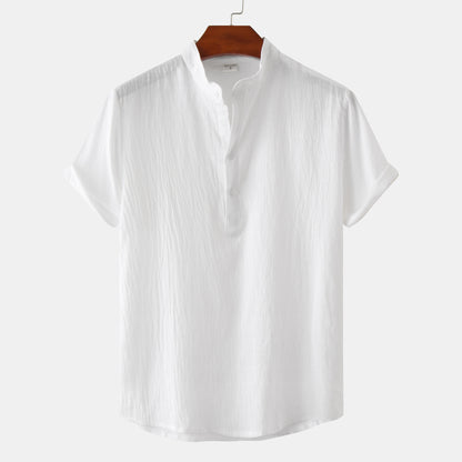 2024 Summer Amazon wish Explosions Cotton and Linen Shirt Men's European and American Cross-border Solid Color Vertical Collar Short-sleeved Shirt Men