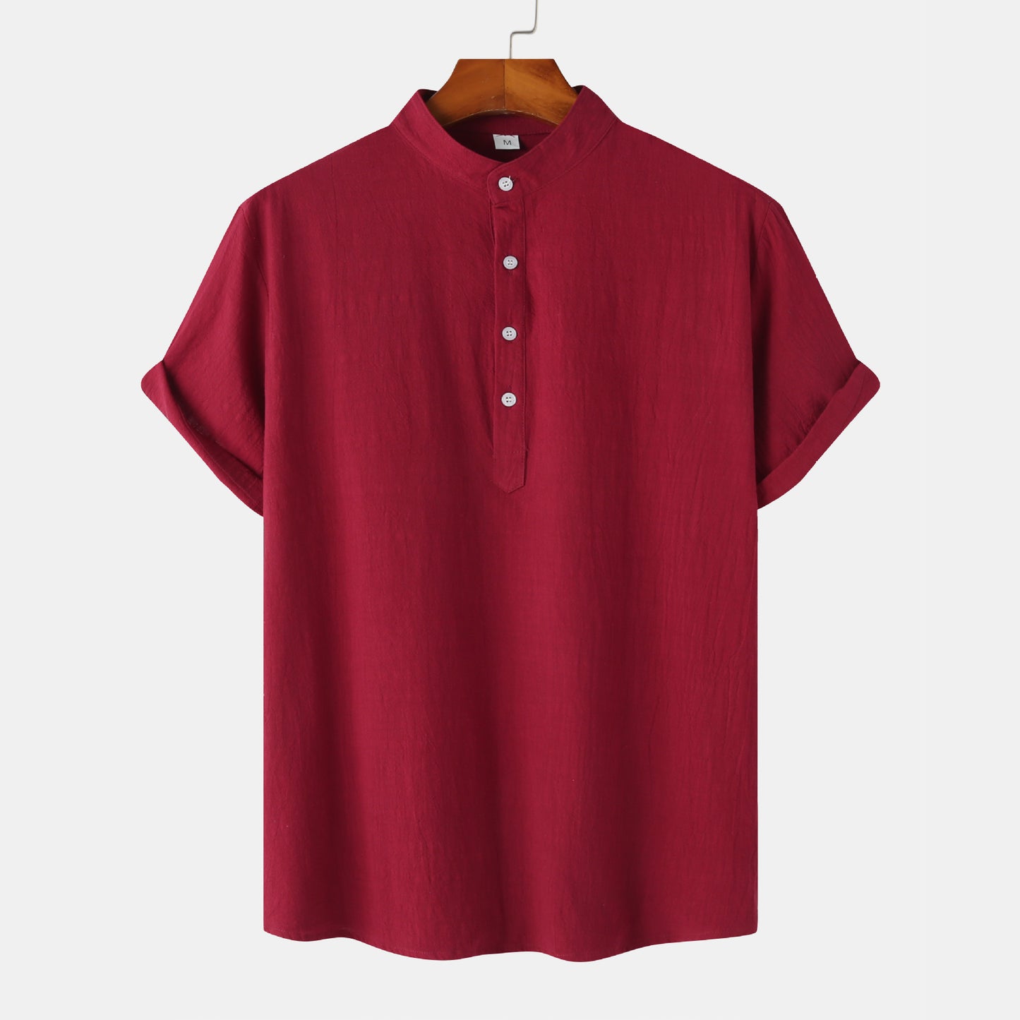 2024 Summer Amazon wish Explosions Cotton and Linen Shirt Men's European and American Cross-border Solid Color Vertical Collar Short-sleeved Shirt Men