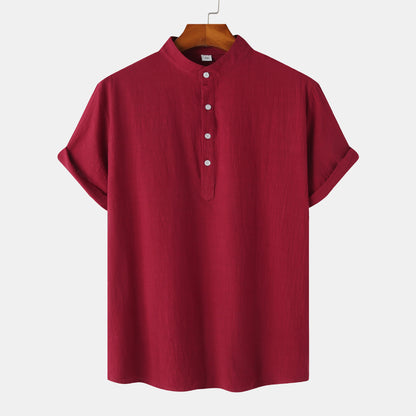 2024 Summer Amazon wish Explosions Cotton and Linen Shirt Men's European and American Cross-border Solid Color Vertical Collar Short-sleeved Shirt Men