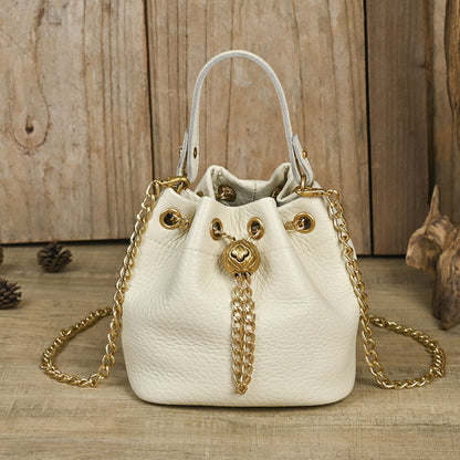 Wholesale First-Layer Cowhide High-Quality Soft Cowhide Women's Bucket Bag Fashionable and Versatile Chain Gold Ball Single Shoulder Crossbody Trendy