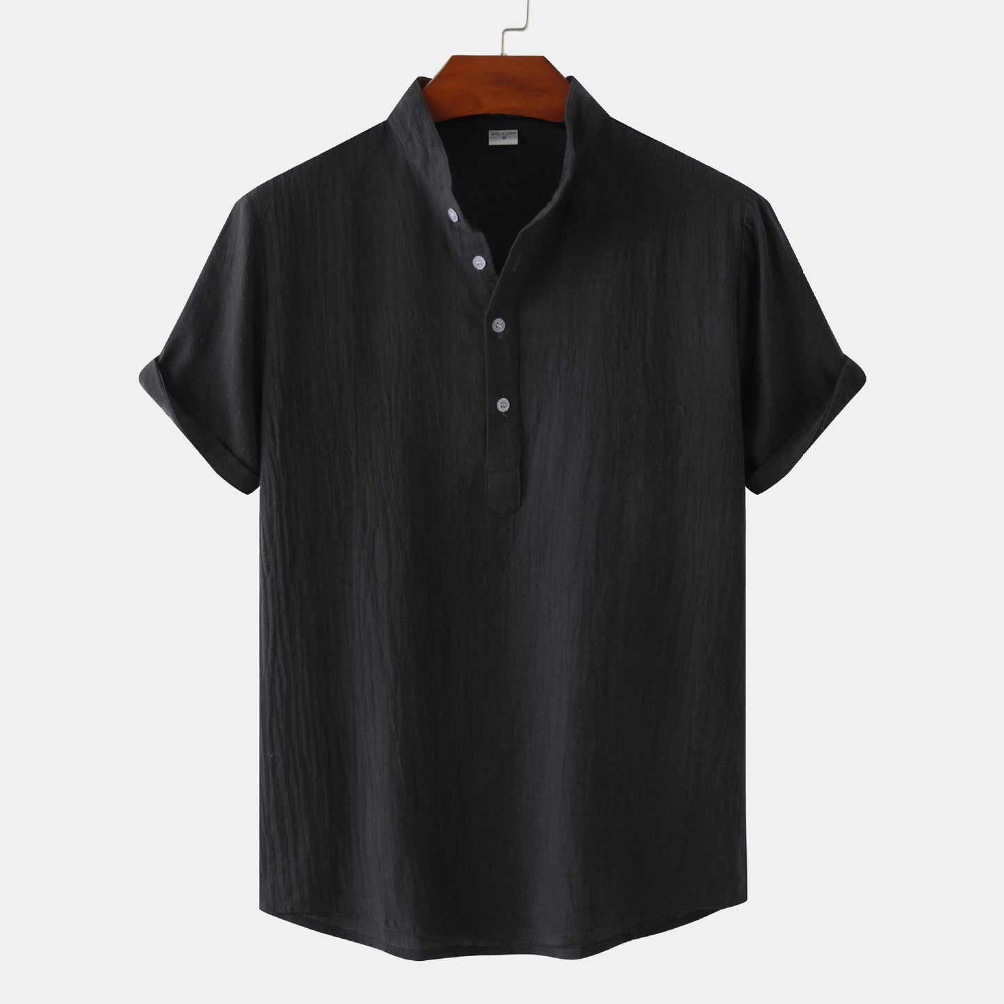 2024 Summer Amazon wish Explosions Cotton and Linen Shirt Men's European and American Cross-border Solid Color Vertical Collar Short-sleeved Shirt Men