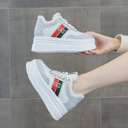 Winter New Thick Sole Height 7cm Fashion All-match Rhinestone Striped Chanel Style Casual Shoes Women's fleece-lined Sneakers