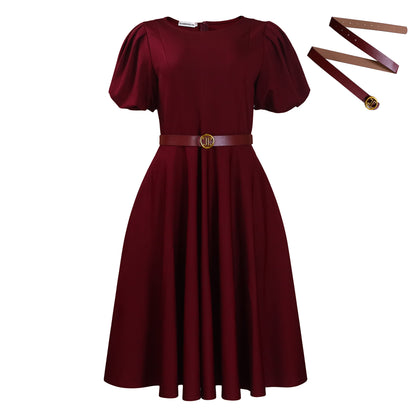 D590 European and American Women's Clothing 2025 Summer Fashion Puff Sleeve Elegant High-Waisted Solid Color Round Neck Large Hem African Dress