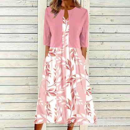 【Code】Ethnic Style Elegant Floral Print Vest Dress Paired with a Mid-Sleeve Cardigan Two-Piece Set
