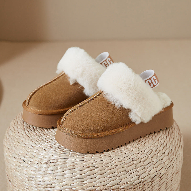 Wool and Fur Thick Slippers Women's 2024 Winter New Genuine Leather fleece-lined Thickened Outer-Wearing Half Slippers
