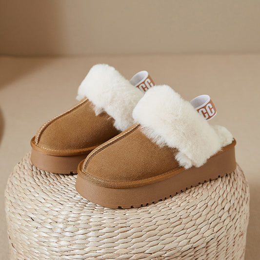 Wool and Fur Thick Slippers Women's 2024 Winter New Genuine Leather fleece-lined Thickened Outer-Wearing Half Slippers
