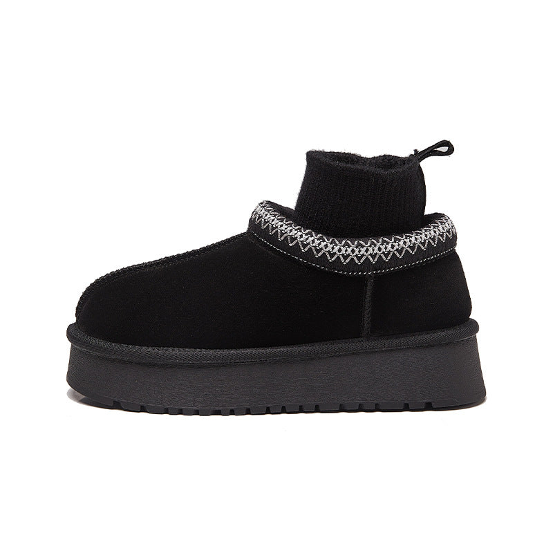 Ethnic Style Knitted Snow Boots for Women 2025 Winter New Fashion Plush Thickened Genuine Leather Thick-Soled Short Cotton Shoes Trendy