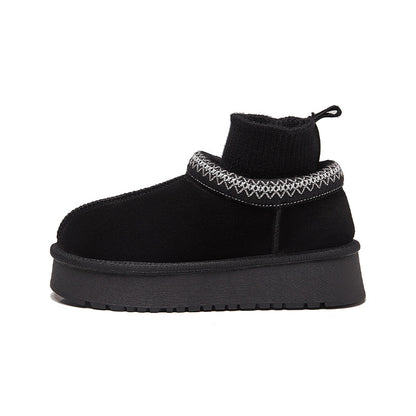 Ethnic Style Knitted Snow Boots for Women 2025 Winter New Fashion Plush Thickened Genuine Leather Thick-Soled Short Cotton Shoes Trendy