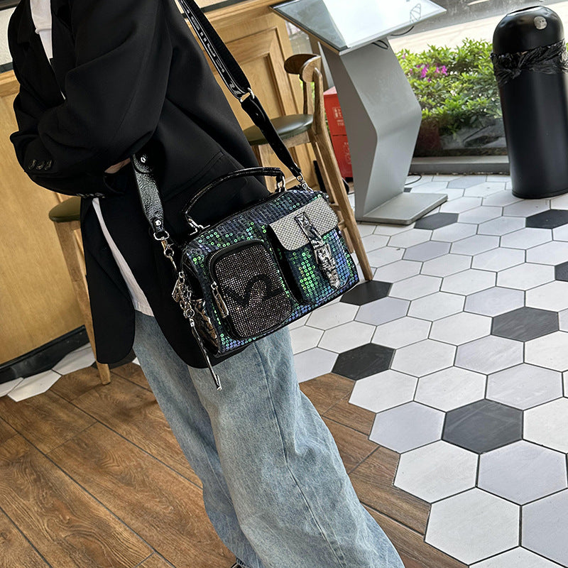 Western Style Hot Diamond Women's Bag 2025 New Fashion Trendy Rhinestone Contrasting Handbag Burst Cracked Glossy Single Shoulder Crossbody Bag