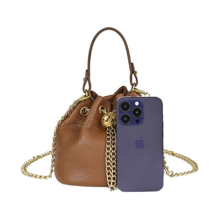 Wholesale First-Layer Cowhide High-Quality Soft Cowhide Women's Bucket Bag Fashionable and Versatile Chain Gold Ball Single Shoulder Crossbody Trendy