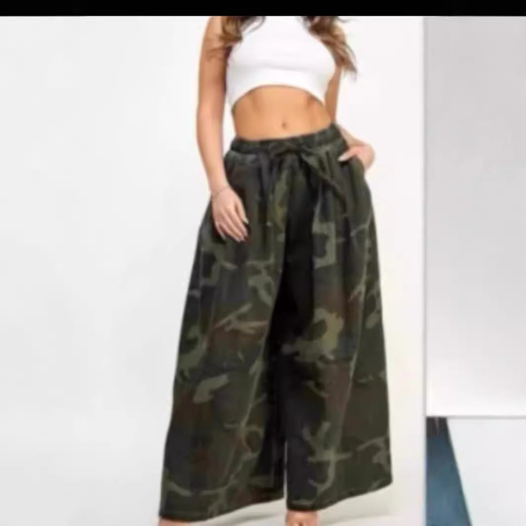 2024 autumn and winter new Amazon European and American casual fashion camouflage wide leg pants women's clothing
