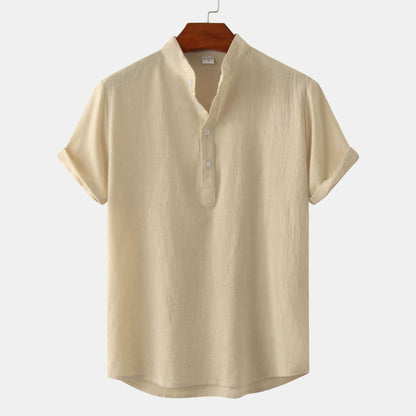 2024 Summer Amazon wish Explosions Cotton and Linen Shirt Men's European and American Cross-border Solid Color Vertical Collar Short-sleeved Shirt Men