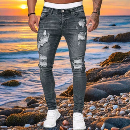 New Trendy Aliexpress European and American Slim-Fit Men's Jeans with Holes, Export Quality Slim-Fit Jeans for Wish Cross-Border Sales