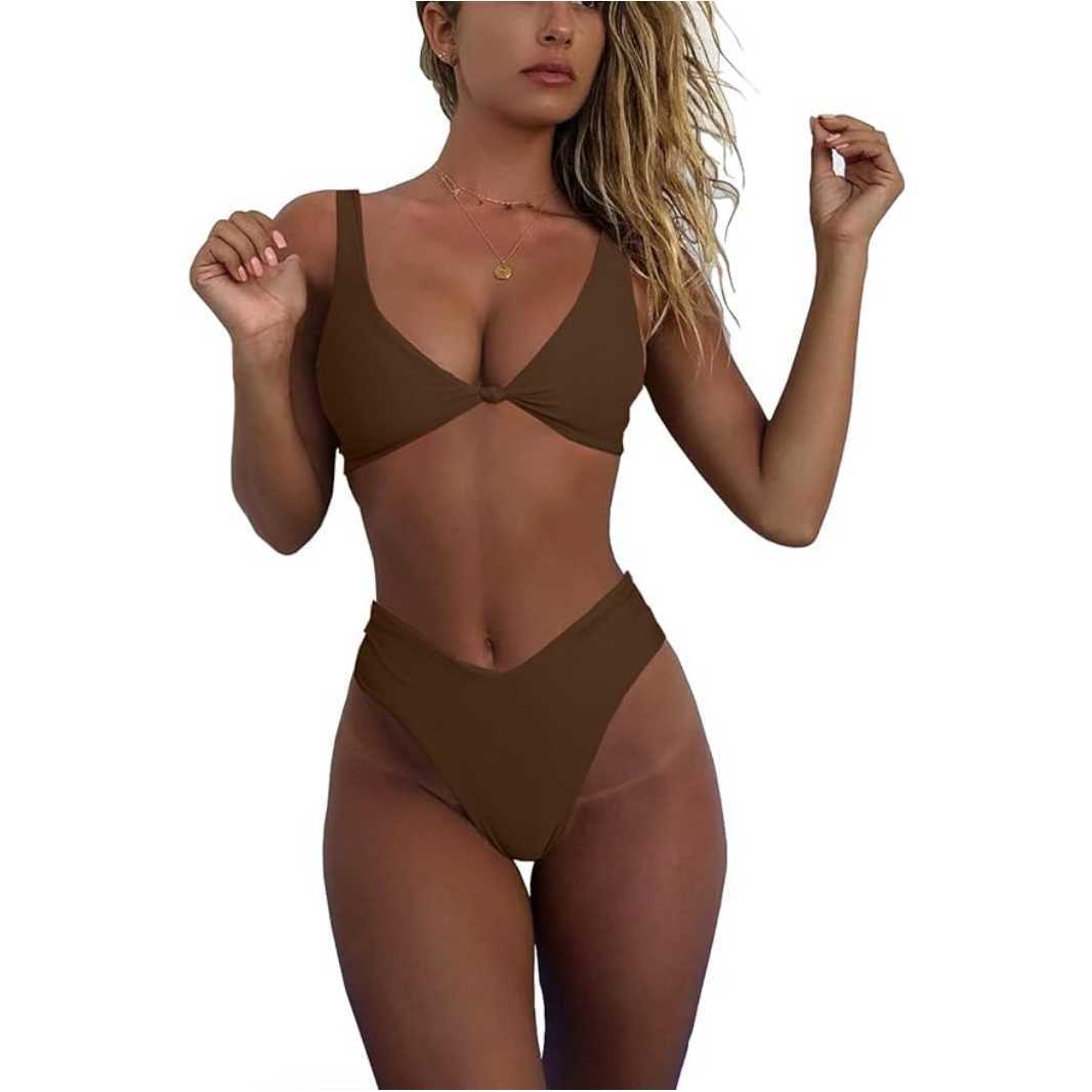 European and American Style Sporty Tight-Fitting Cross-Border Bikini Set for Women, Solid Color Bow Tie High-Waisted Two-Piece Swimsuit Bikini