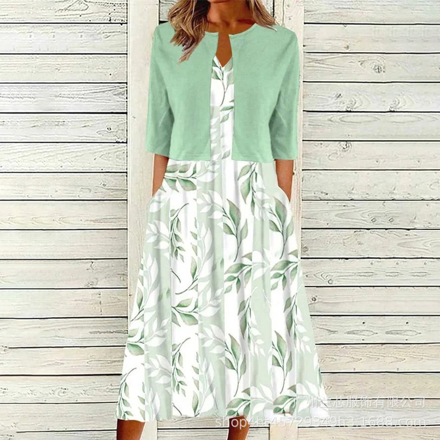 【Code】Ethnic Style Elegant Floral Print Vest Dress Paired with a Mid-Sleeve Cardigan Two-Piece Set