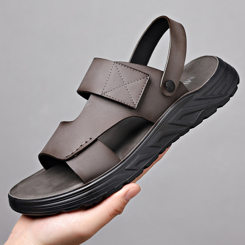 Men's Trendy Sandals 2024 Summer Outwear Genuine Leather Casual Beach Shoes Men's Non-Slip Driving Dual-Use Slippers