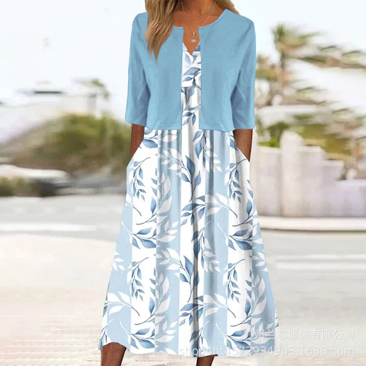 【Code】Ethnic Style Elegant Floral Print Vest Dress Paired with a Mid-Sleeve Cardigan Two-Piece Set