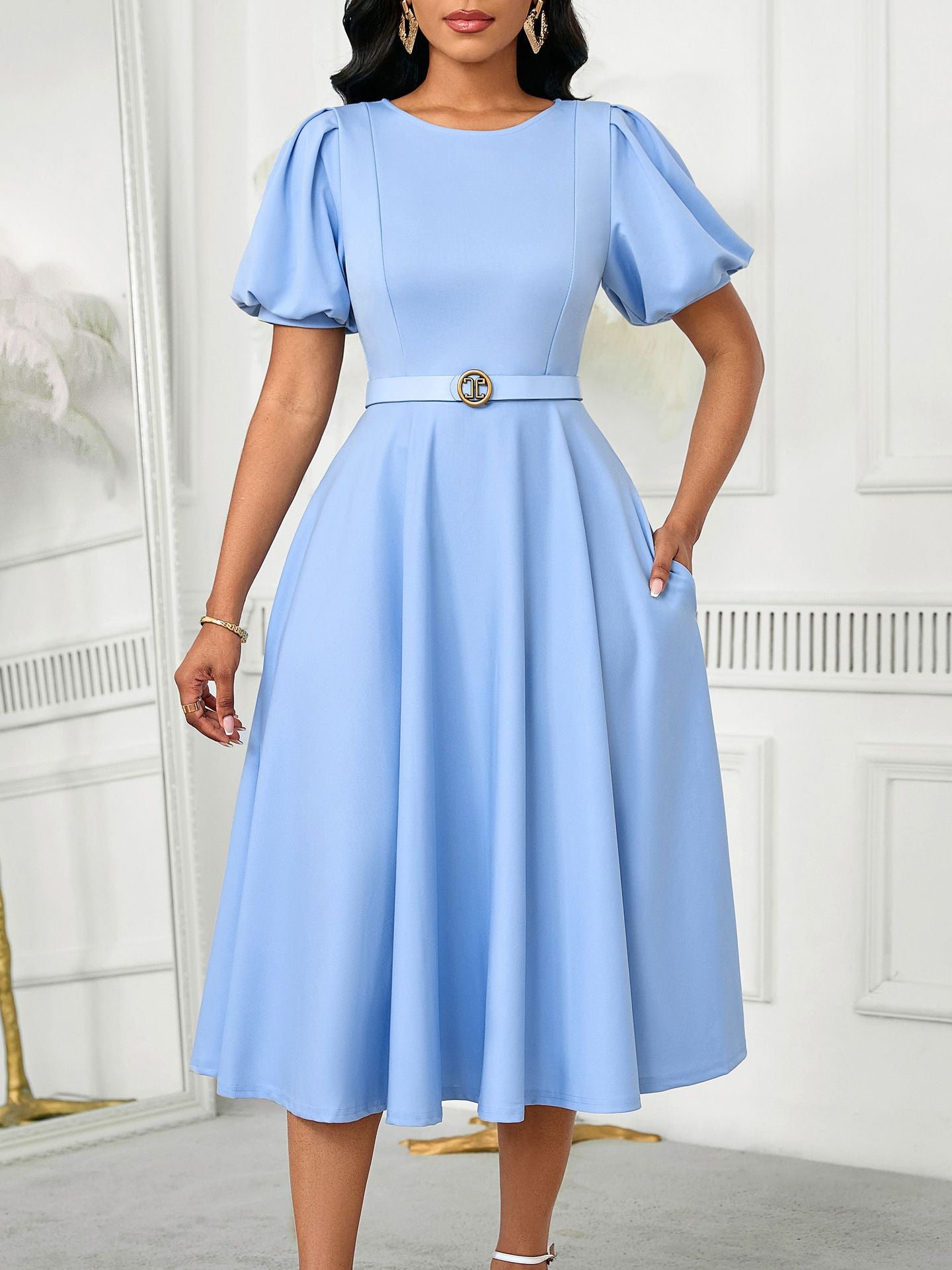 D590 European and American Women's Clothing 2025 Summer Fashion Puff Sleeve Elegant High-Waisted Solid Color Round Neck Large Hem African Dress