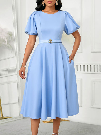 D590 European and American Women's Clothing 2025 Summer Fashion Puff Sleeve Elegant High-Waisted Solid Color Round Neck Large Hem African Dress