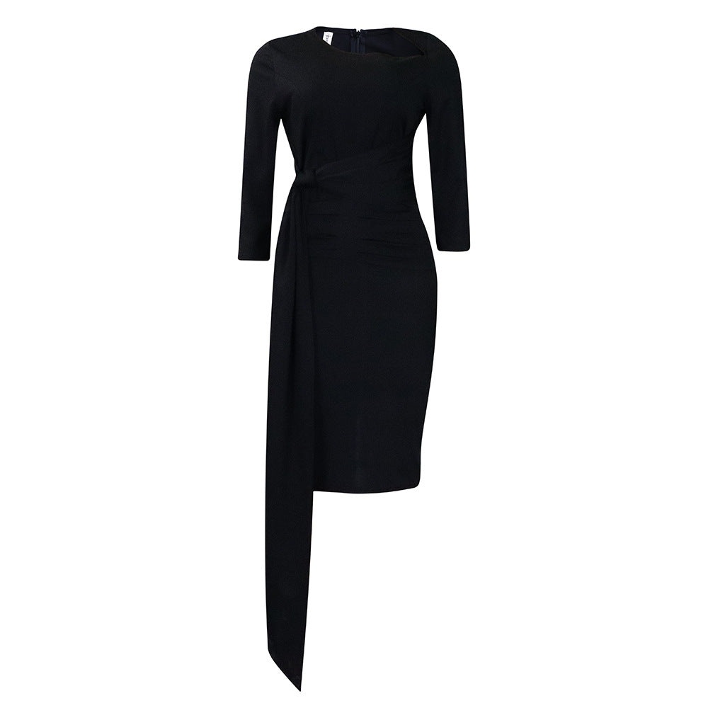 D3168 European and American Clothing Summer Office Dress Three-Quarter Sleeve Pleated Strap Professional Large Size African Dress