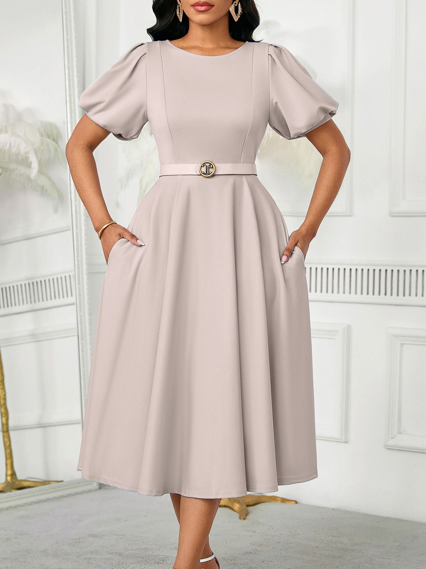 D590 European and American Women's Clothing 2025 Summer Fashion Puff Sleeve Elegant High-Waisted Solid Color Round Neck Large Hem African Dress