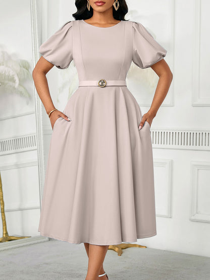 D590 European and American Women's Clothing 2025 Summer Fashion Puff Sleeve Elegant High-Waisted Solid Color Round Neck Large Hem African Dress