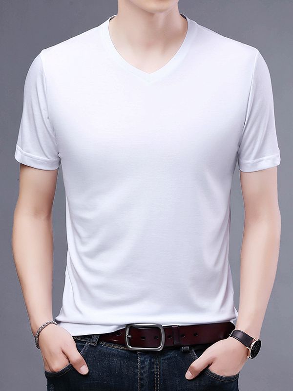 T-shirt Men's V-neck Solid Color Casual Short-sleeved Youth Summer Clothing Korean Fashionable Slim-fit Thin Half-sleeved T-shirt Men's Wear
