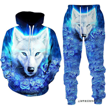 Amazon Aliexpress Cross-Border Best-Selling Spring New Wolf Series Pattern Digital Print Hooded Sweatshirt and Sweatpants