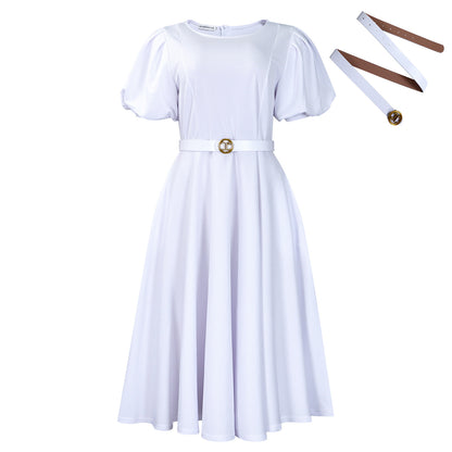 D590 European and American Women's Clothing 2025 Summer Fashion Puff Sleeve Elegant High-Waisted Solid Color Round Neck Large Hem African Dress
