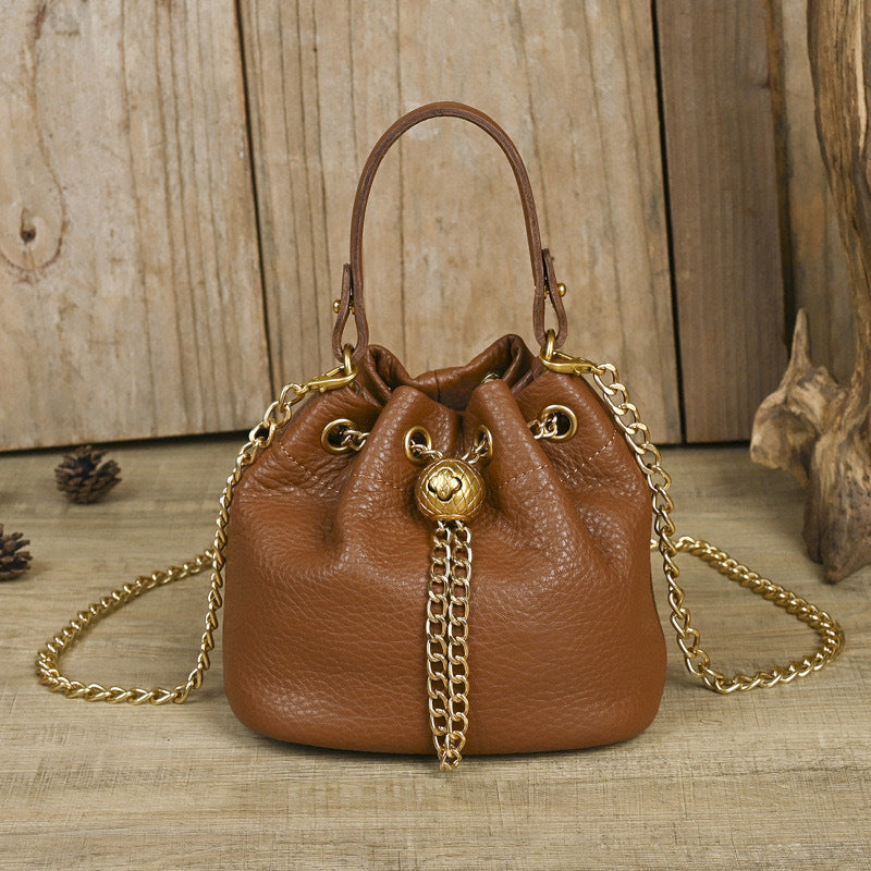 Wholesale First-Layer Cowhide High-Quality Soft Cowhide Women's Bucket Bag Fashionable and Versatile Chain Gold Ball Single Shoulder Crossbody Trendy