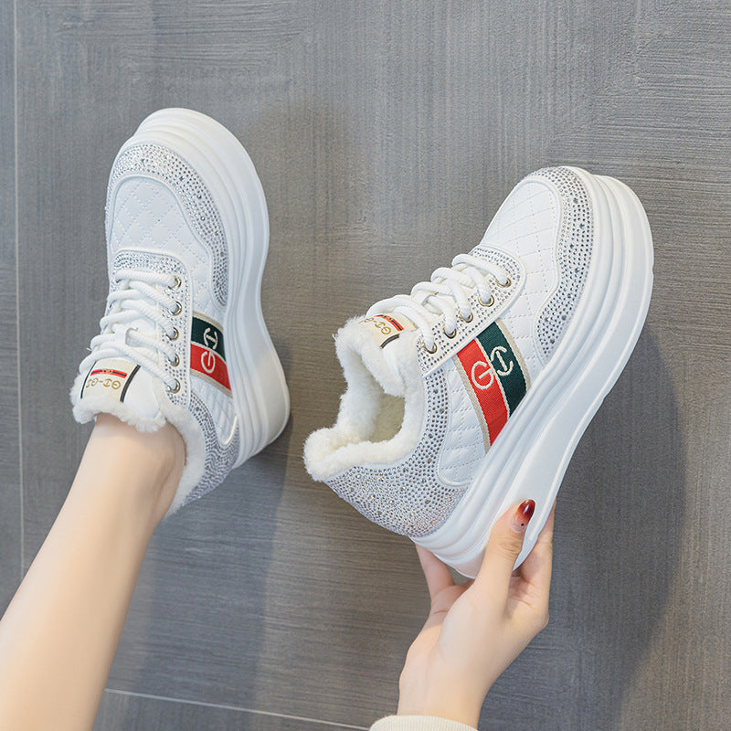 Winter New Thick Sole Height 7cm Fashion All-match Rhinestone Striped Chanel Style Casual Shoes Women's fleece-lined Sneakers