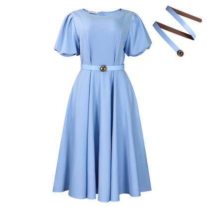 D590 European and American Women's Clothing 2025 Summer Fashion Puff Sleeve Elegant High-Waisted Solid Color Round Neck Large Hem African Dress