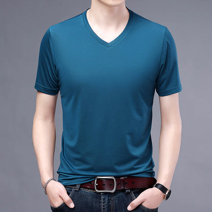 T-shirt Men's V-neck Solid Color Casual Short-sleeved Youth Summer Clothing Korean Fashionable Slim-fit Thin Half-sleeved T-shirt Men's Wear