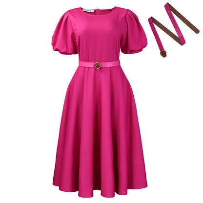 D590 European and American Women's Clothing 2025 Summer Fashion Puff Sleeve Elegant High-Waisted Solid Color Round Neck Large Hem African Dress