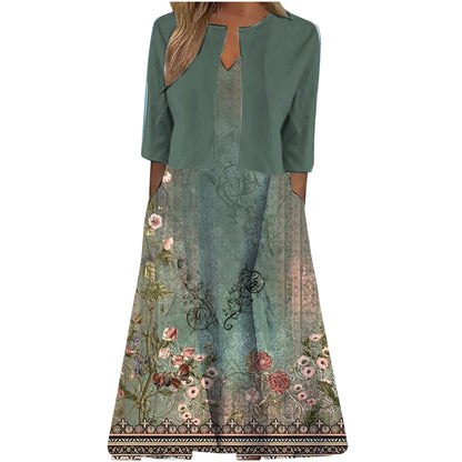 【Code】Ethnic Style Elegant Floral Print Vest Dress Paired with a Mid-Sleeve Cardigan Two-Piece Set