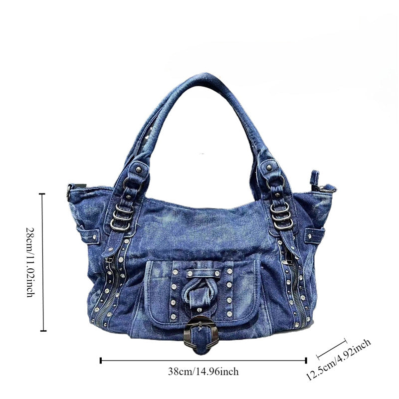 Cross-border Women's Fashion Rivet Washed Denim Shoulder Bag Large Capacity Korean Casual All-match Tote Bag