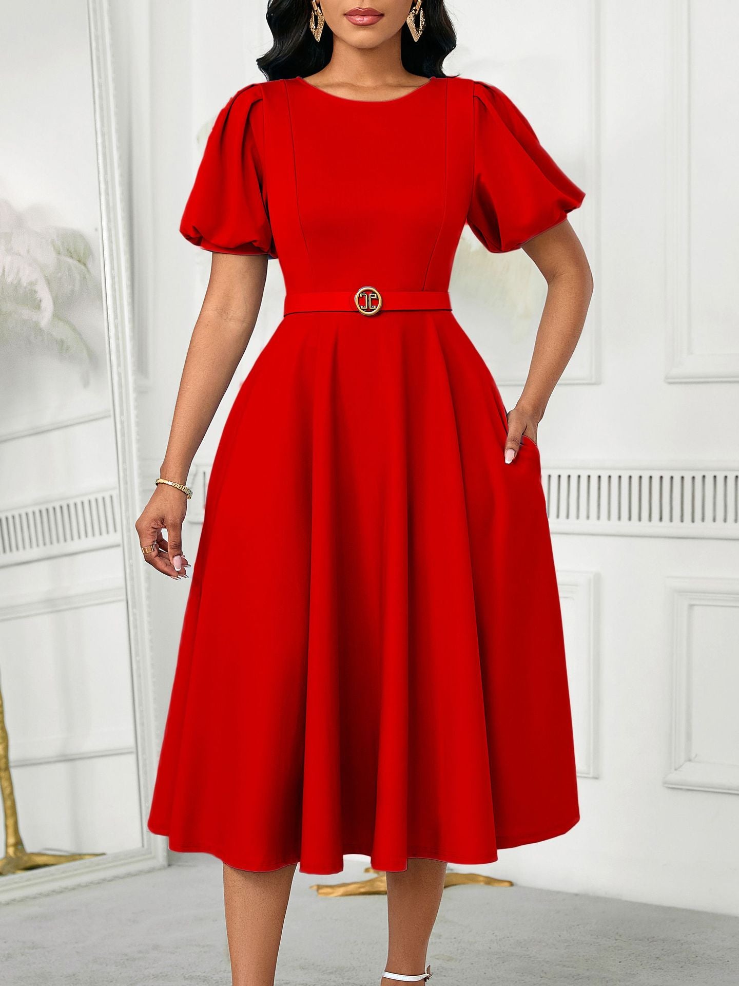 D590 European and American Women's Clothing 2025 Summer Fashion Puff Sleeve Elegant High-Waisted Solid Color Round Neck Large Hem African Dress
