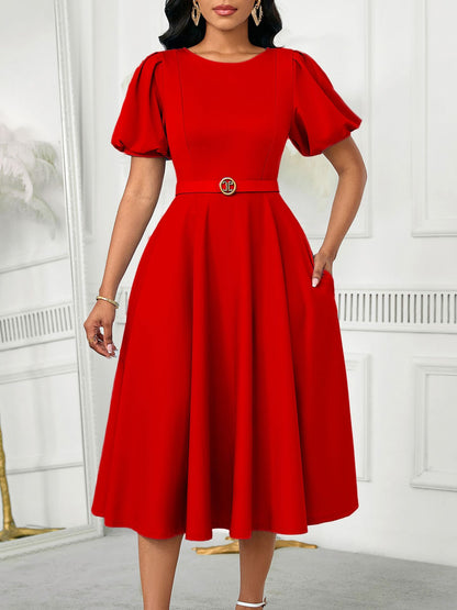 D590 European and American Women's Clothing 2025 Summer Fashion Puff Sleeve Elegant High-Waisted Solid Color Round Neck Large Hem African Dress