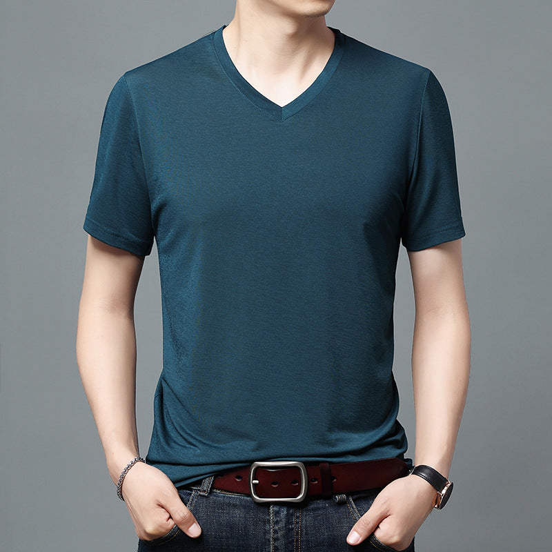 T-shirt Men's V-neck Solid Color Casual Short-sleeved Youth Summer Clothing Korean Fashionable Slim-fit Thin Half-sleeved T-shirt Men's Wear