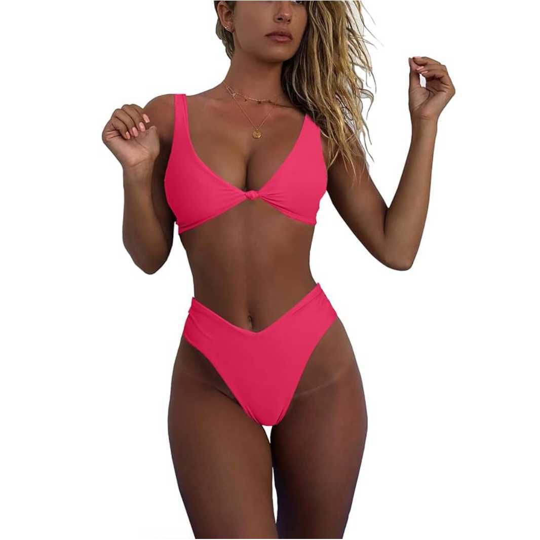 European and American Style Sporty Tight-Fitting Cross-Border Bikini Set for Women, Solid Color Bow Tie High-Waisted Two-Piece Swimsuit Bikini