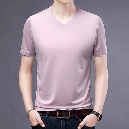 T-shirt Men's V-neck Solid Color Casual Short-sleeved Youth Summer Clothing Korean Fashionable Slim-fit Thin Half-sleeved T-shirt Men's Wear