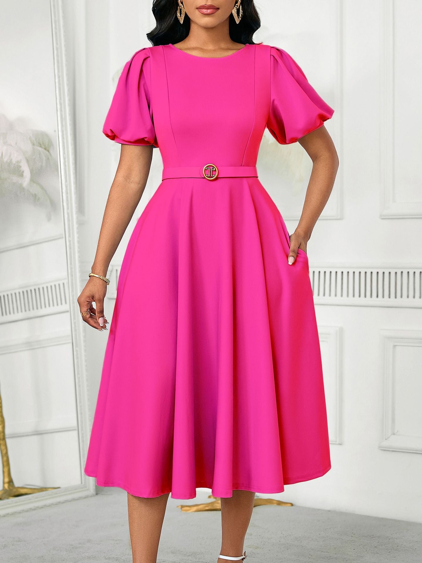 D590 European and American Women's Clothing 2025 Summer Fashion Puff Sleeve Elegant High-Waisted Solid Color Round Neck Large Hem African Dress