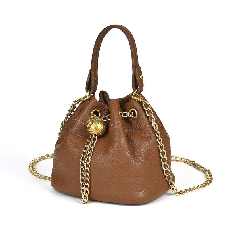 Wholesale First-Layer Cowhide High-Quality Soft Cowhide Women's Bucket Bag Fashionable and Versatile Chain Gold Ball Single Shoulder Crossbody Trendy