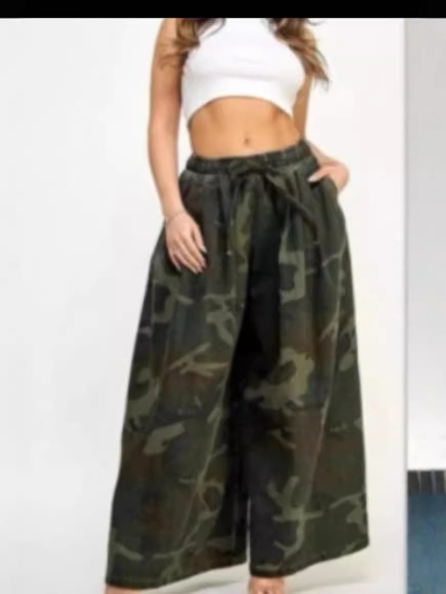 2024 autumn and winter new Amazon European and American casual fashion camouflage wide leg pants women's clothing