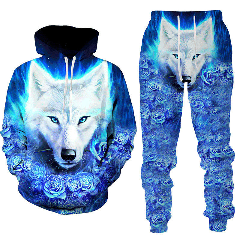 Amazon Aliexpress Cross-Border Best-Selling Spring New Wolf Series Pattern Digital Print Hooded Sweatshirt and Sweatpants