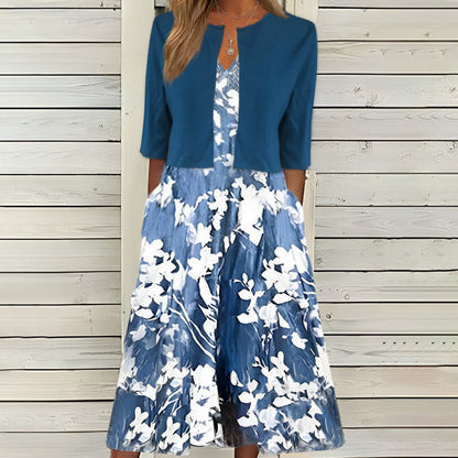 【Code】Ethnic Style Elegant Floral Print Vest Dress Paired with a Mid-Sleeve Cardigan Two-Piece Set