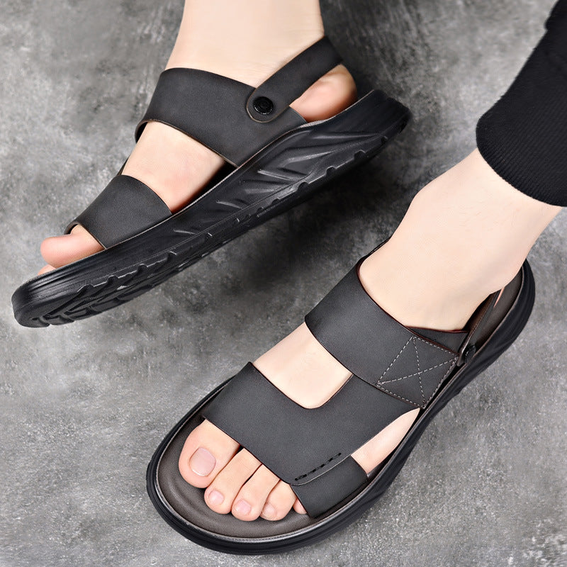 Men's Trendy Sandals 2024 Summer Outwear Genuine Leather Casual Beach Shoes Men's Non-Slip Driving Dual-Use Slippers