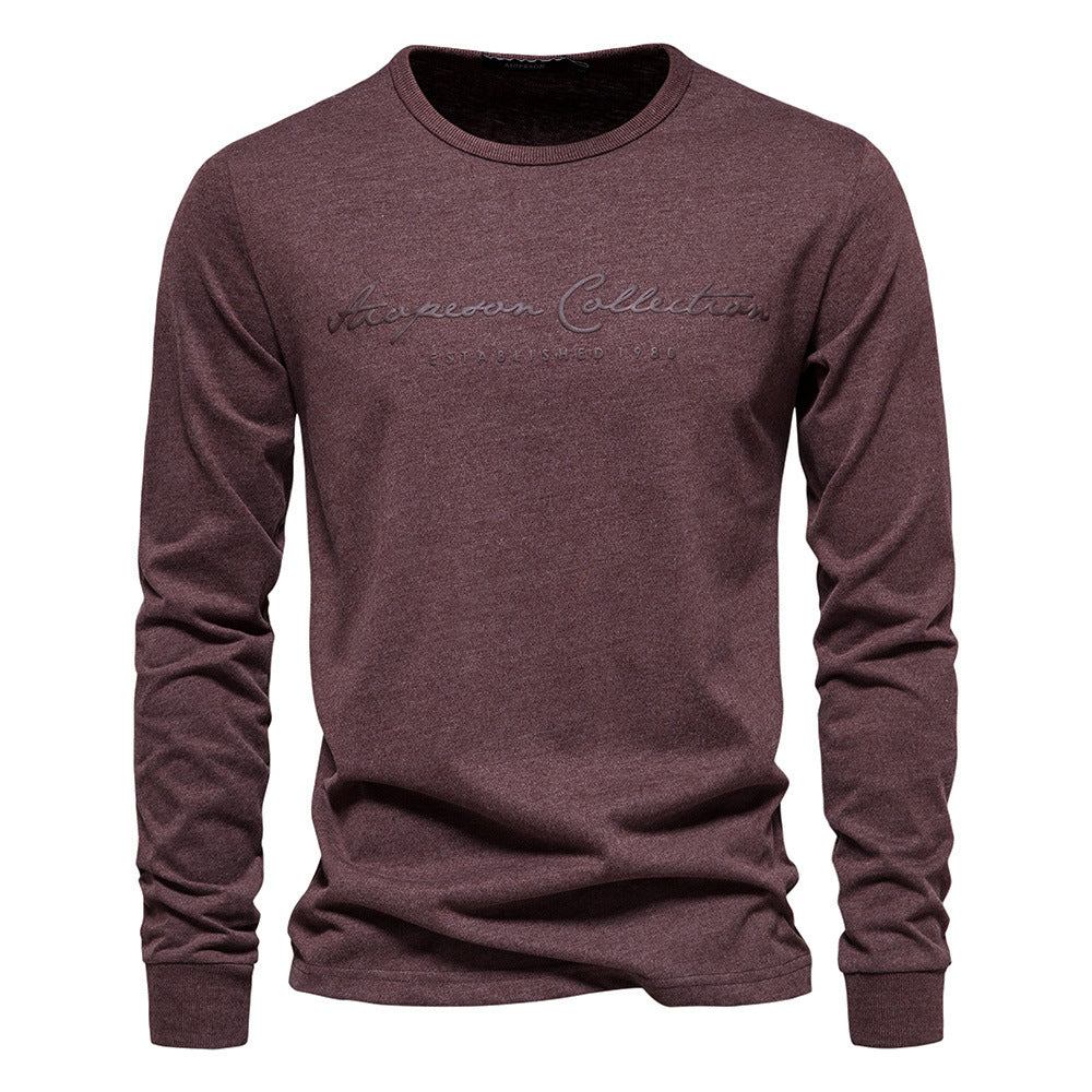 Printed Shirt European Size Round Neck Men's Long-Sleeved Bottoming Letter New Casual Sports Pure Color Cotton T-Shirt