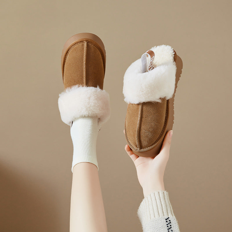 Wool and Fur Thick Slippers Women's 2024 Winter New Genuine Leather fleece-lined Thickened Outer-Wearing Half Slippers